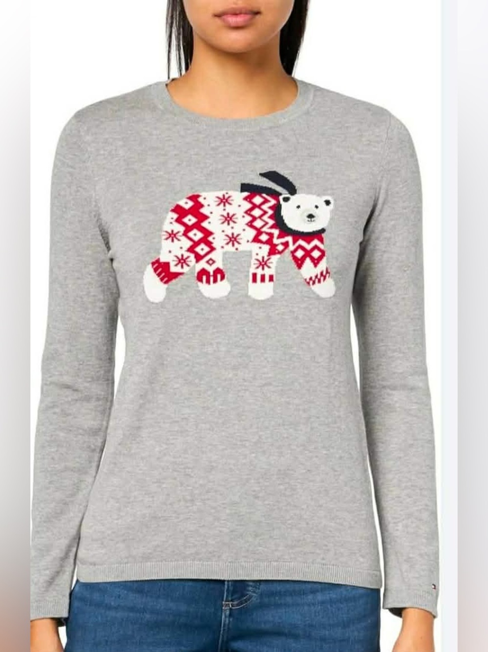 Tommy Hilfiger Gray Crewneck Sweater with Red & White Polar Bear Motif